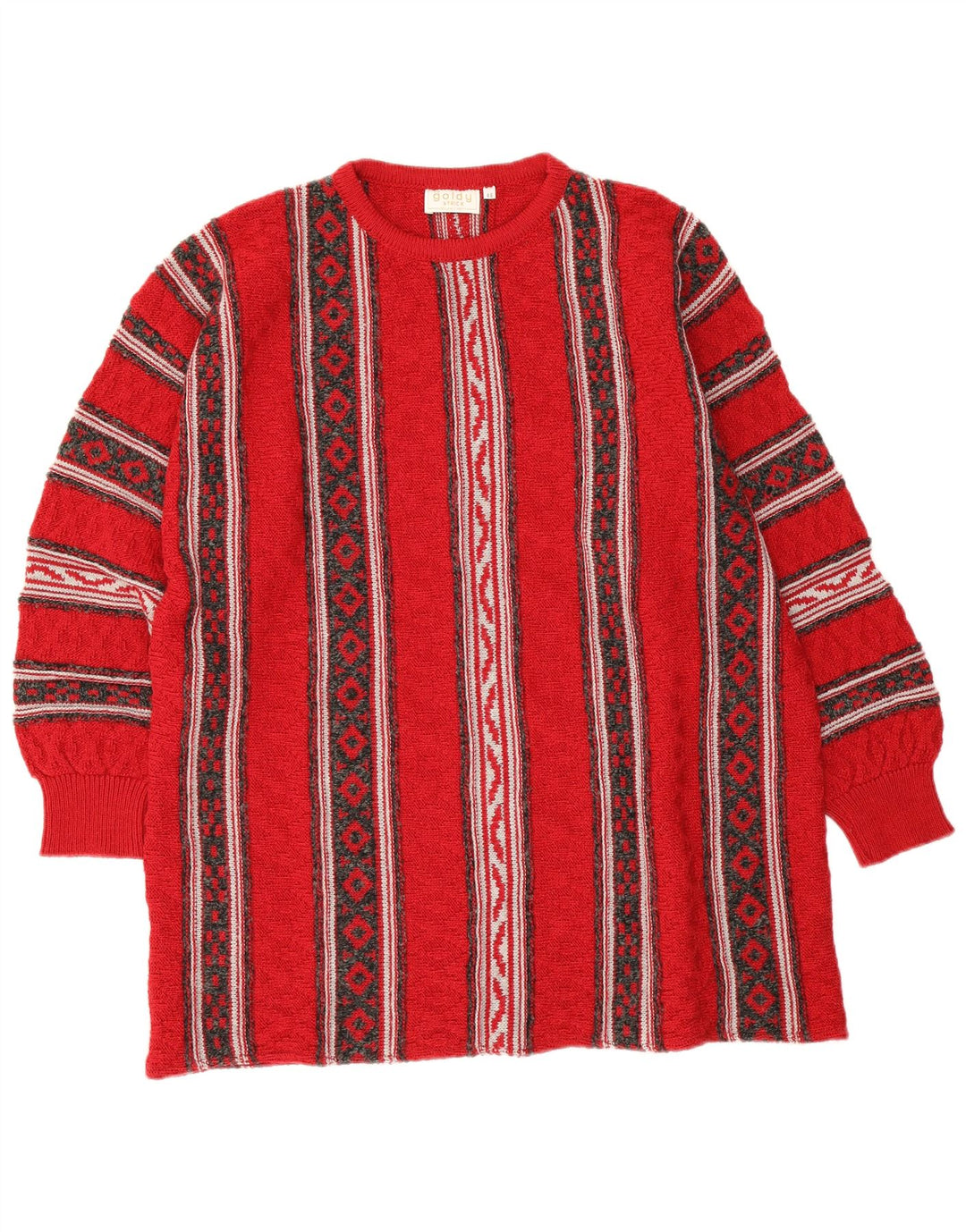 Vintage dame sweater med rund hals EU 46 XL rød geometrisk uld