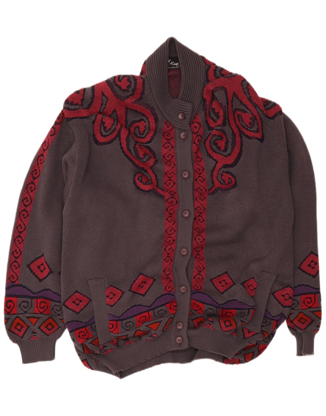 Oskar Haug Dame Oversized Cardigan Sweater UK 16 Stor Grå Geometrisk