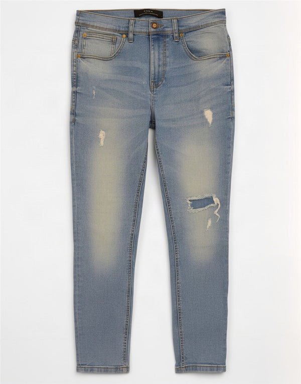 Zara Herre Distressed Cropped Slim Jeans EU 40 Medium W31 L25 Blå Bomuld
