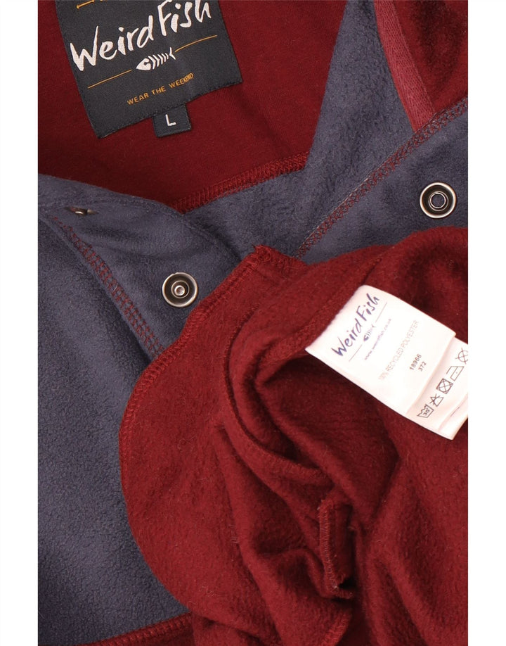 WEIRD FISH Herre Button Neck Fleece Jumper Large Maroon Colourblock