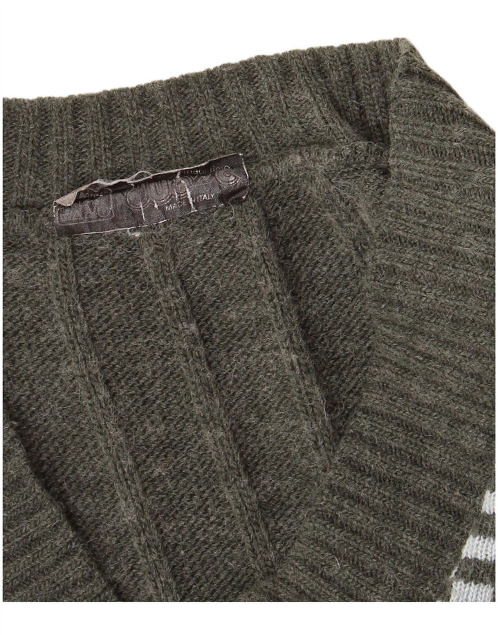 VINTAGE Dame Cardigan Sweater UK 14 Stor Khaki Geometrisk Akryl