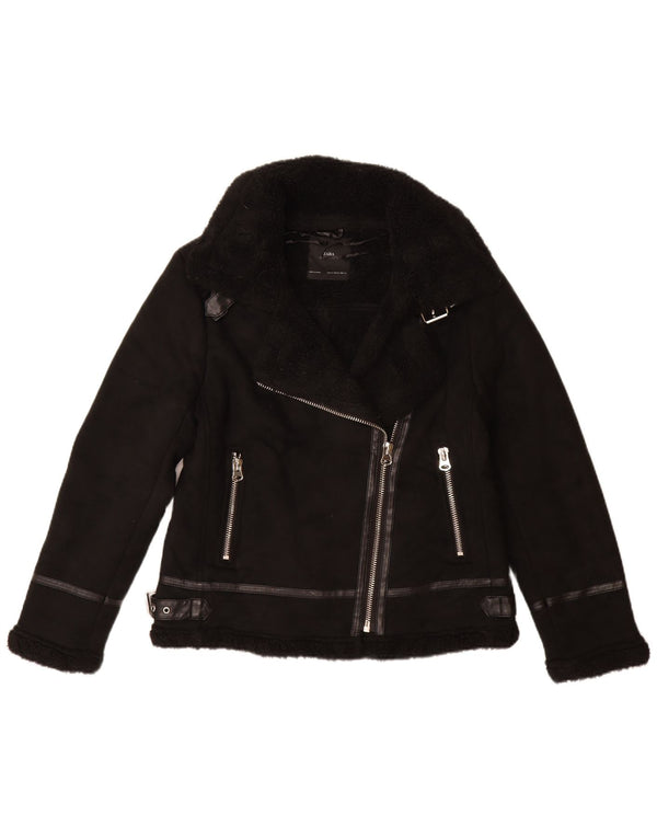 ZARA Sherpa Biker-jakke til kvinder DK 12 Medium Sort Polyester
