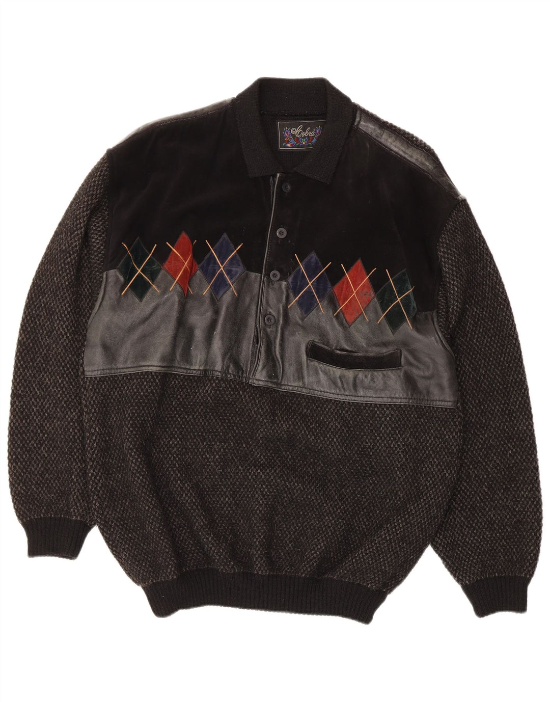 Cobra Herre Polo Neck Jumper Sweater IT 52 Large Black Argyle/Diamond Wool