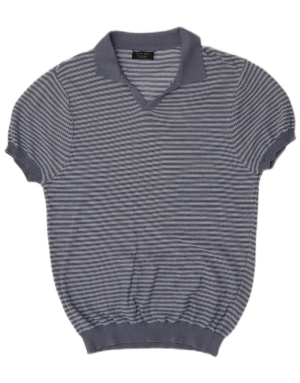 Zara Herre Kortærmet Polo Neck Jumper Sweater Stor Blå Stribet