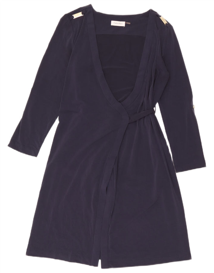 Calvin Klein Dame Langærmet Wrap Dress UK 14 Medium Navy Blue Polyester