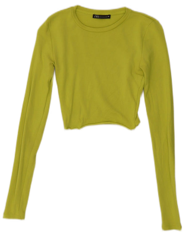 Zara Womens Crop Top Long Sleeve UK 8 Small Green Cotton