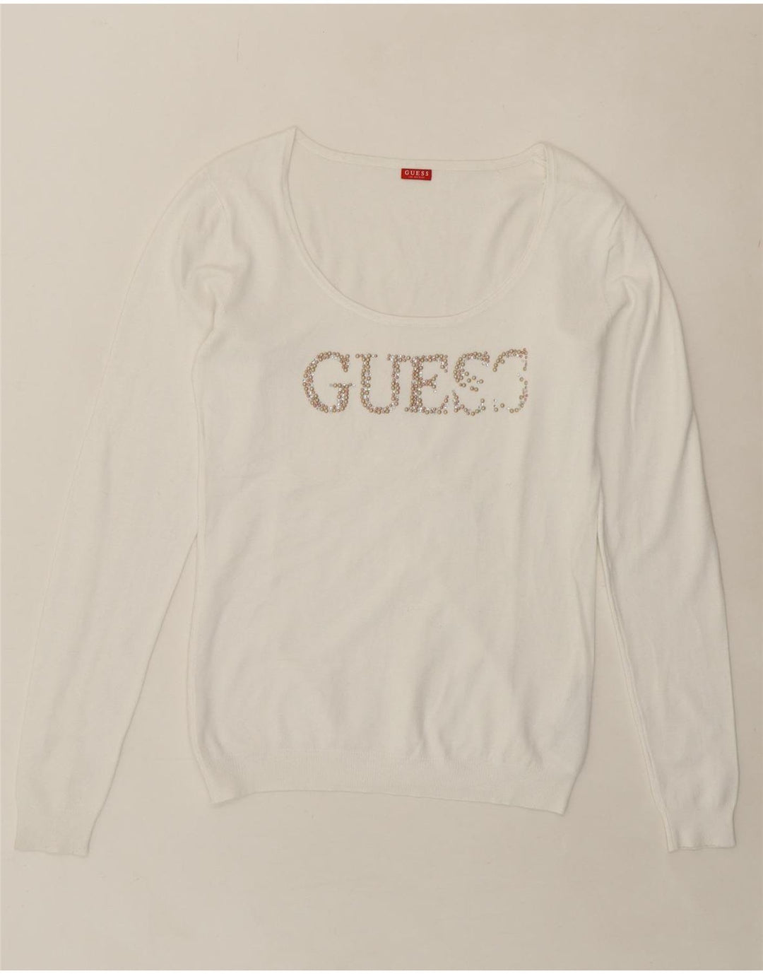 GUESS Womens Graphic Boat Neck Jumper Sweater UK 12 Medium White Viscose Vintage Guess and Second-Hand Guess from Messina Hembry 