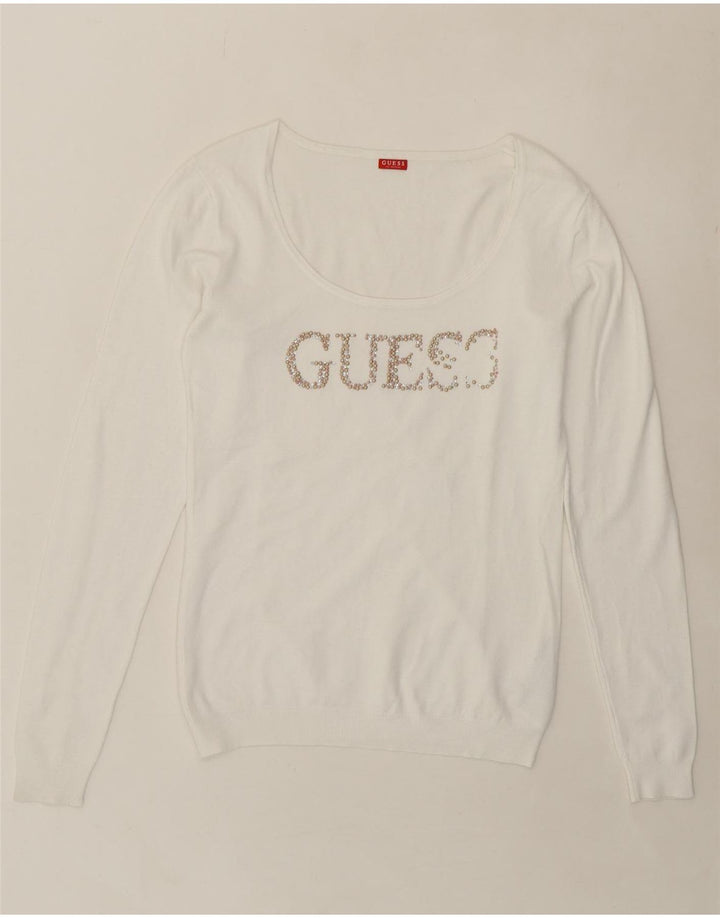 GUESS Womens Graphic Boat Neck Jumper Sweater UK 12 Medium White Viscose Vintage Guess and Second-Hand Guess from Messina Hembry 