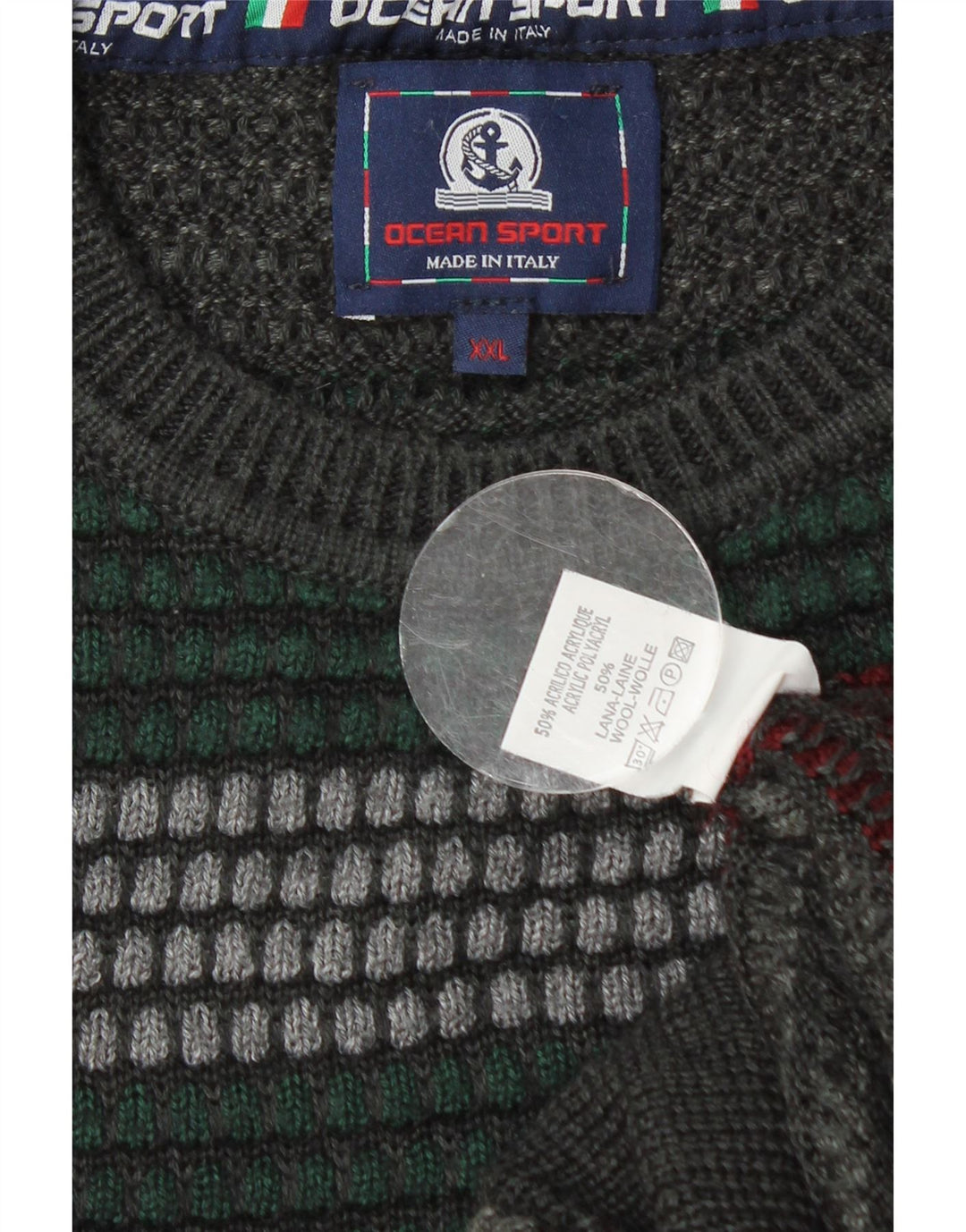 Vintage herre rund hals sweater 2XL flerfarvet stribet akryl