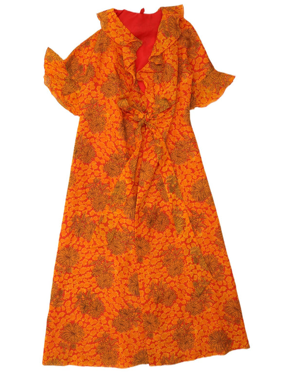 Vintage Dame Robe Maxi Kjole UK 14 Medium Orange Floral Bohemian