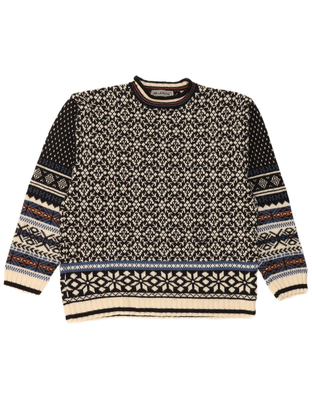 Lerros Herre Crew Neck sweater Medium Black Fair Isle Wool