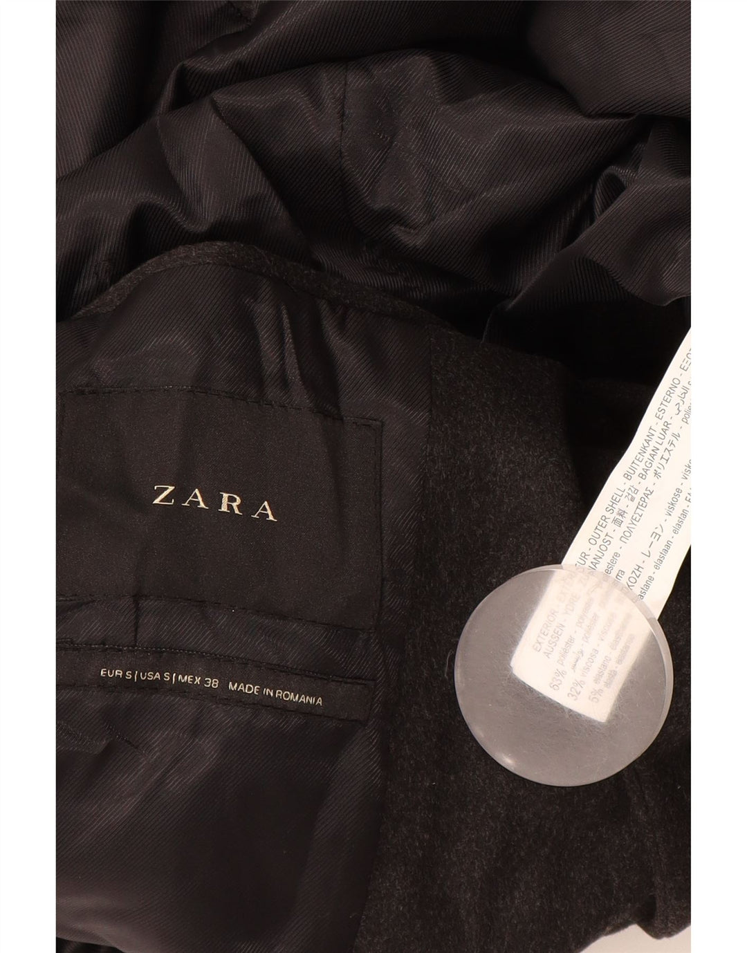 Zara Herre Overfrakke UK 36 Lille Grå Polyester