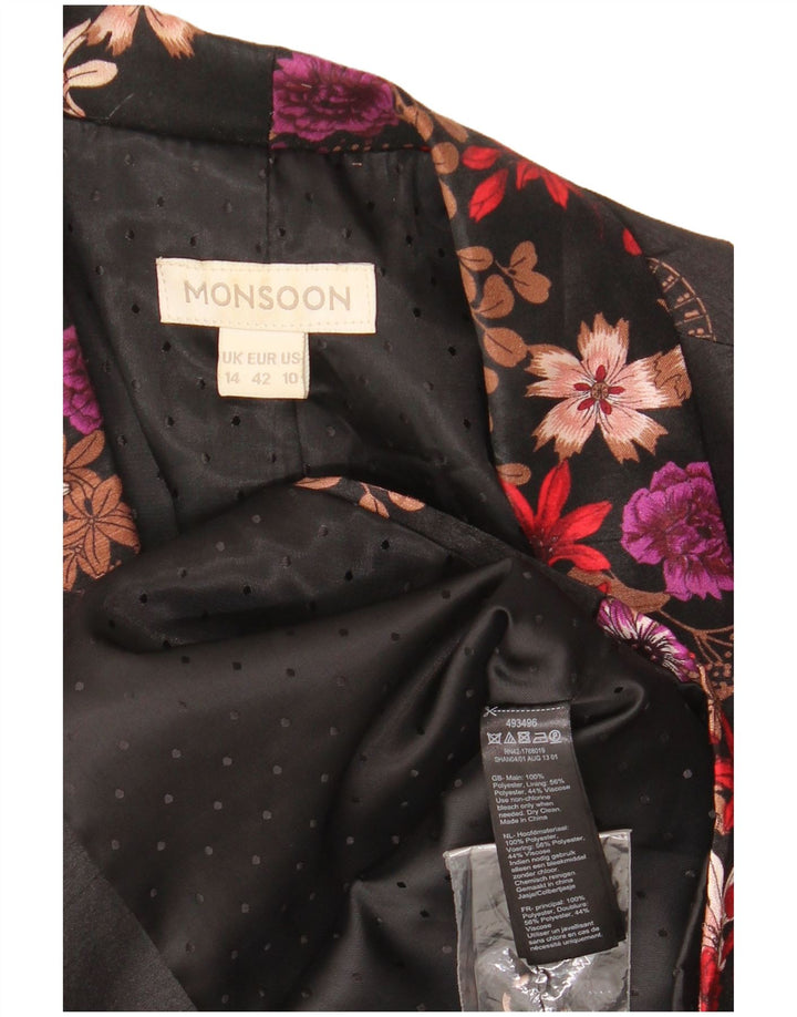 MONSOON Womens Blazer Jacket UK 14 Large Black Floral Polyester