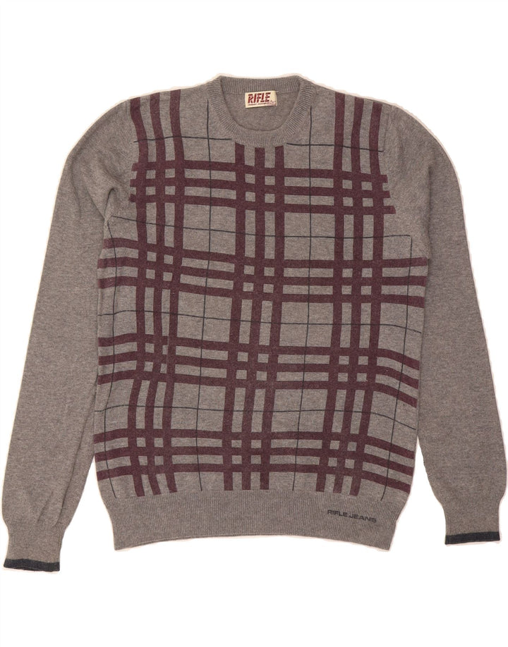 RIFLE Mens Crew Neck Jumper Sweater Medium Grey Check Cotton Vintage Rifle and Second-Hand Rifle from Messina Hembry 