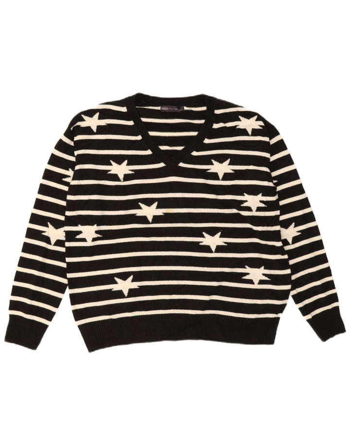 Marks & Spencer Dame V-hals sweater UK 14 Stor sort stribet