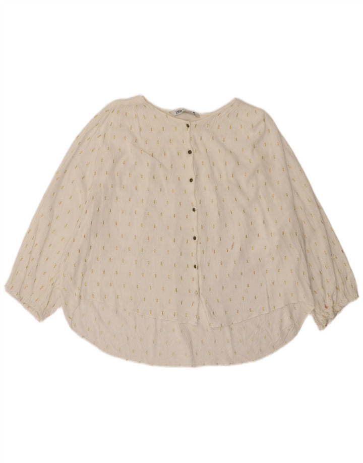Zara Womens 3/4 Sleeve Oversized Shirt Blouse UK 14 Large Off White Spotted