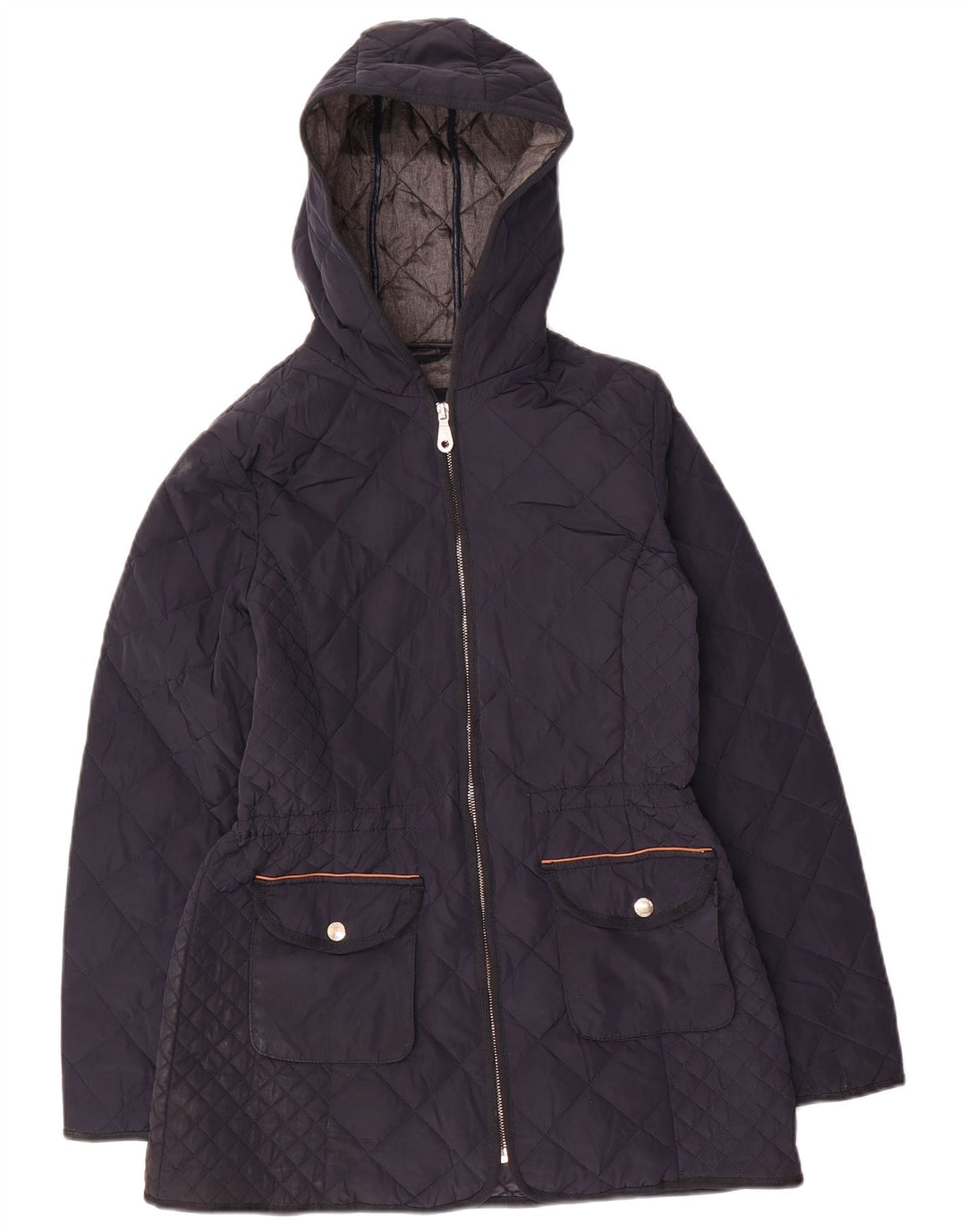 Massimo Dutti Dame Hætte Quiltet Jakke UK 12 Medium Navy Blue Polyester