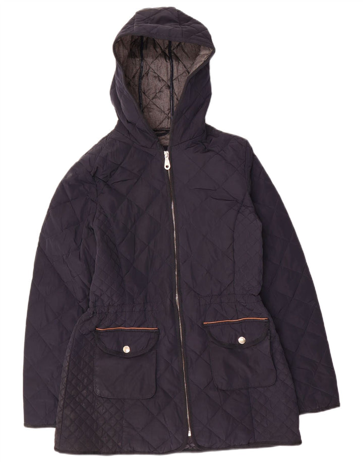 Massimo Dutti Dame Hætte Quiltet Jakke UK 12 Medium Navy Blue Polyester