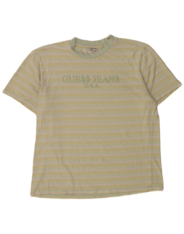 Guess Mens Graphic T-Shirt Top Large Yellow Striped
