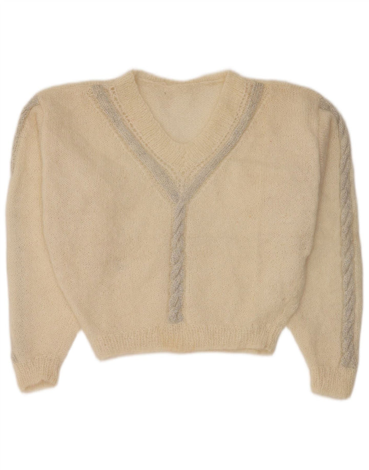 Vintage Womens Crop V-hals sweater UK 12 Medium Off White