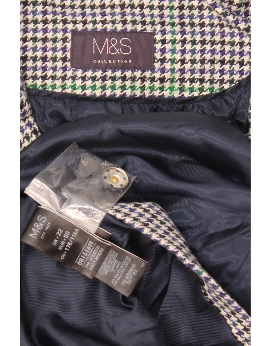 Marks & Spencer Dameoverfrakke UK 22 3XL Marineblå Houndstooth Polyester