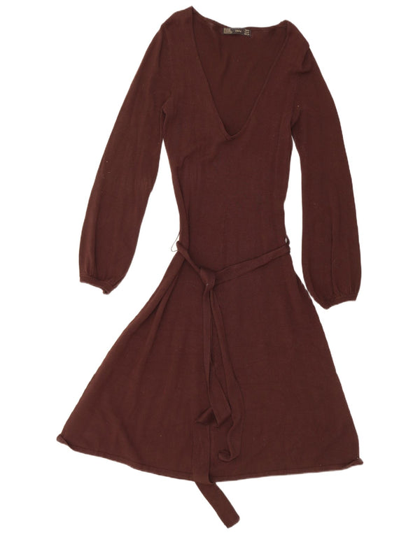 Zara Dame Langærmet Jumper Dress UK 12 Medium Brown Rayon