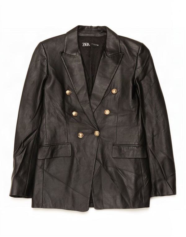 Zara Dame Dobbeltradet Blazer Jakke i imiteret læder UK 6 XS Sort