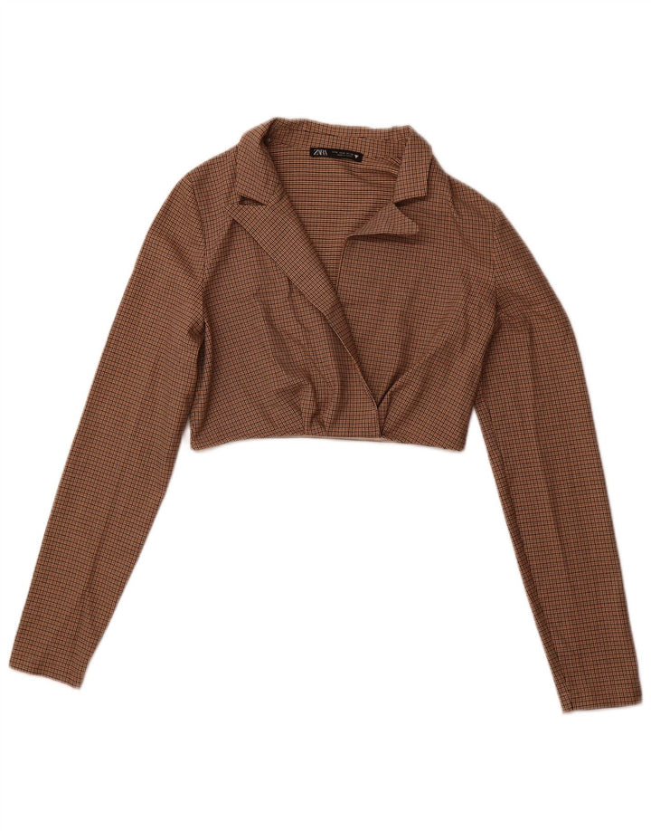 ZARA Langærmet Crop Top til kvinder DK 12 Medium Brown Houndstooth Polyester