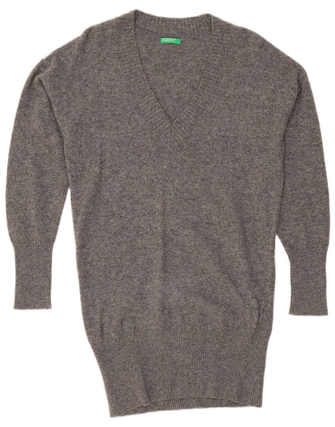 BENETTON Dame Oversized Longline V-hals sweater UK 10 Small Grey