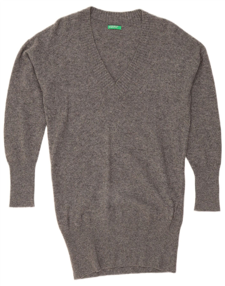 BENETTON Dame Oversized Longline V-hals sweater UK 10 Small Grey