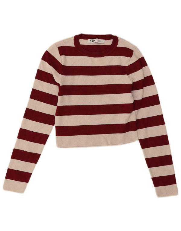 Zara Dame Crop Crew Neck Jumper Sweater UK 12 Medium Burgundy stribet