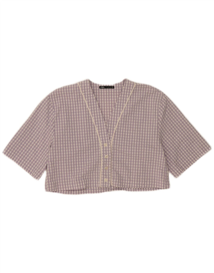 Zara Womens Crop Oversized skjortebluse UK 14 Medium lilla ternet bomuld