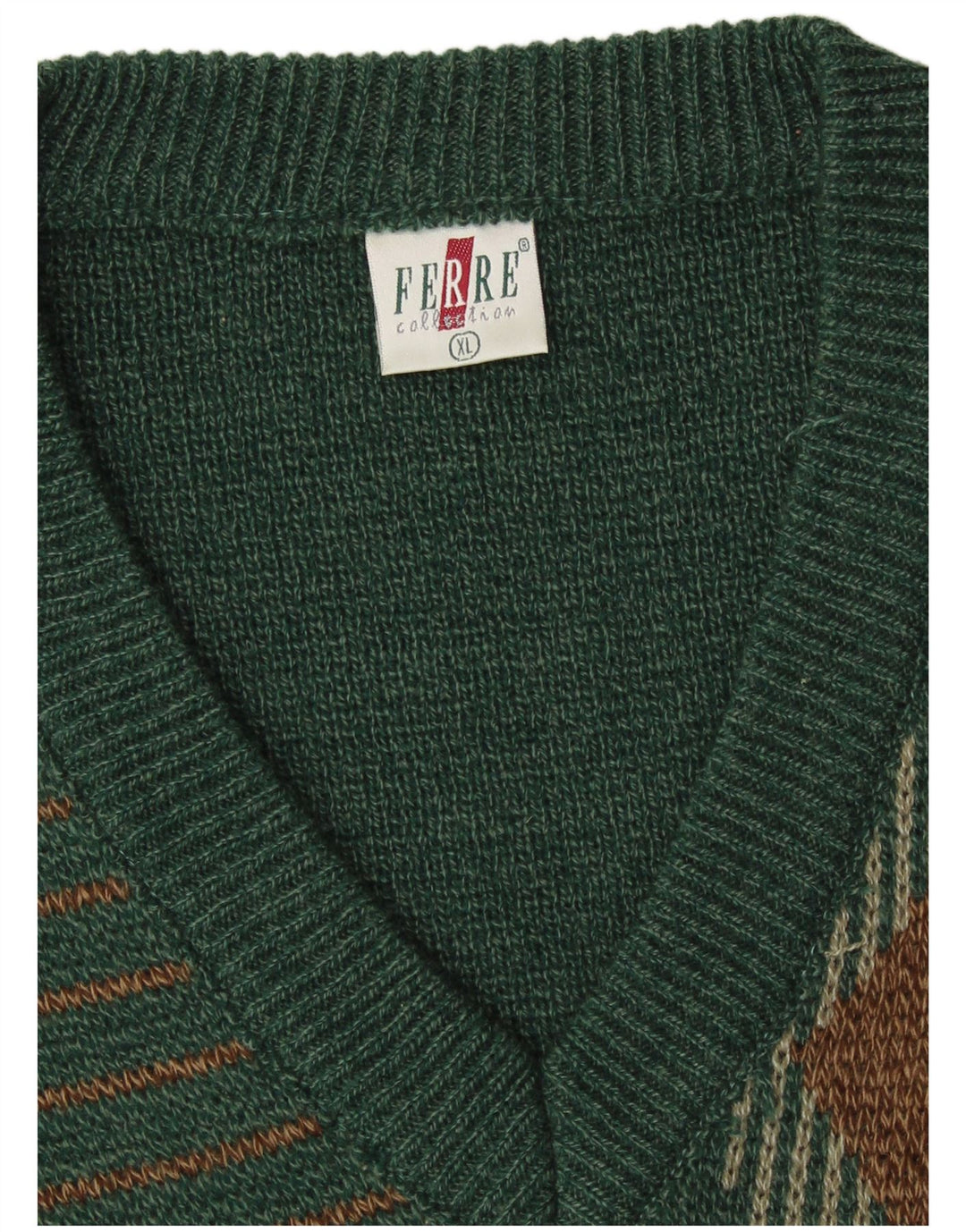 VINTAGE Herre V-hals sweater XL Grøn Argyle/Diamond Acryl Classic