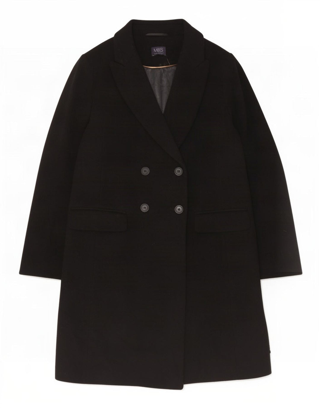 Marks & Spencer Dame Dobbeltradet Frakke UK 14 Large Black Wool