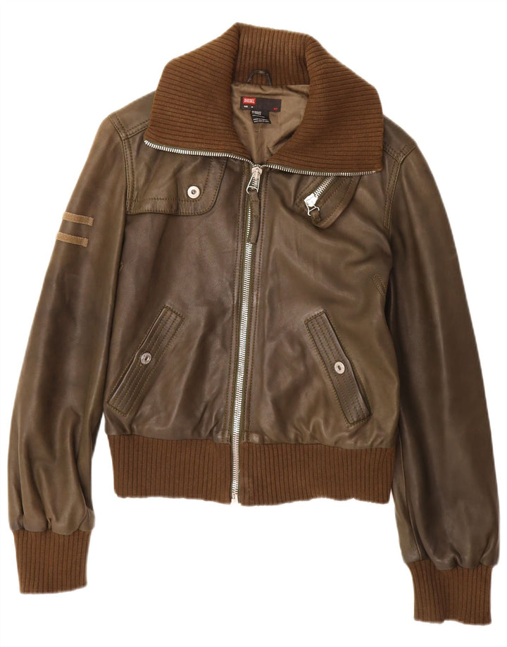 Diesel Womens Bomber Læderjakke UK 12 Medium Brown Læder