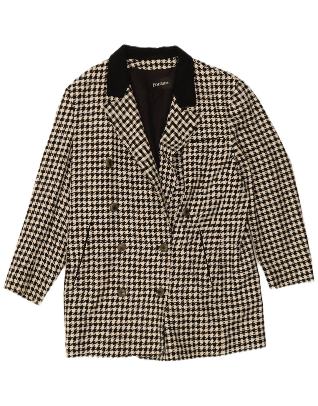 Vintage Dame Loose Fit Dobbeltradet Frakke EU 36 Small Black Houndstooth