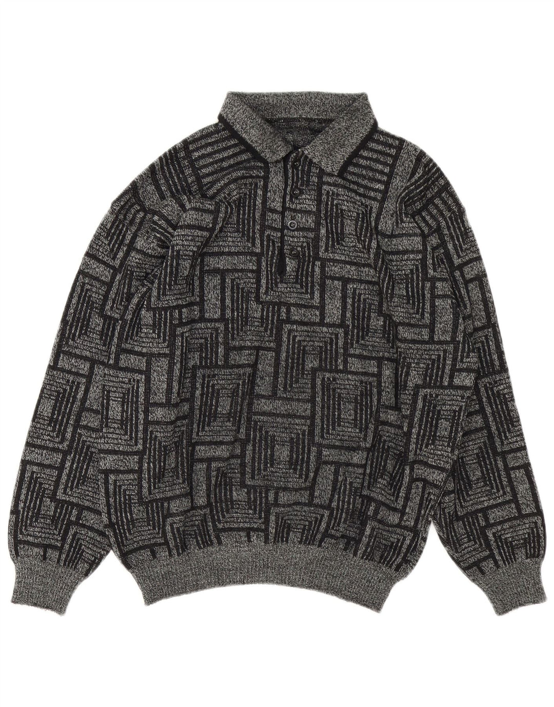 Vintage Herre Polo Hals Trøje Sweater Large Grå Geometrisk