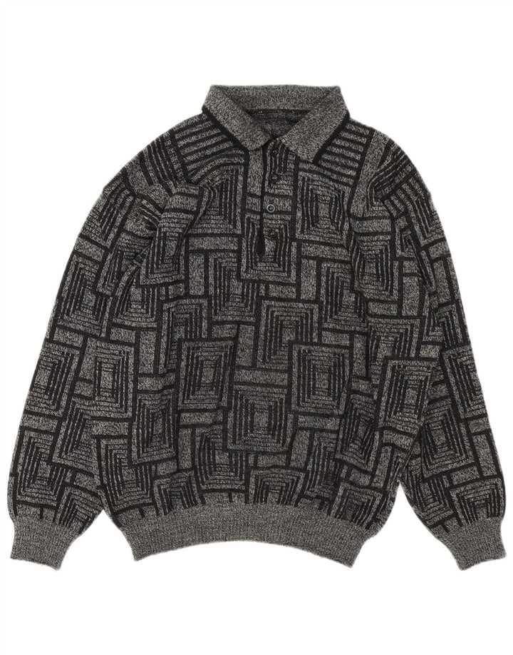 Vintage Herre Polo Hals Trøje Sweater Large Grå Geometrisk