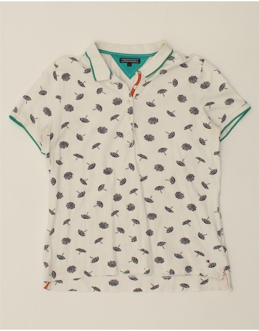 TOMMY HILFIGER Womens Abstract Pattern Polo Shirt UK 14 Large White Cotton Vintage Tommy Hilfiger and Second-Hand Tommy Hilfiger from Messina Hembry 