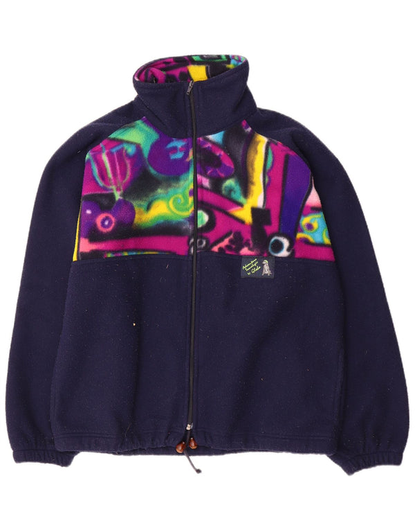 Vintage Mens Fleece Jacket UK 38 Medium Navy Blue Geometric Polyester