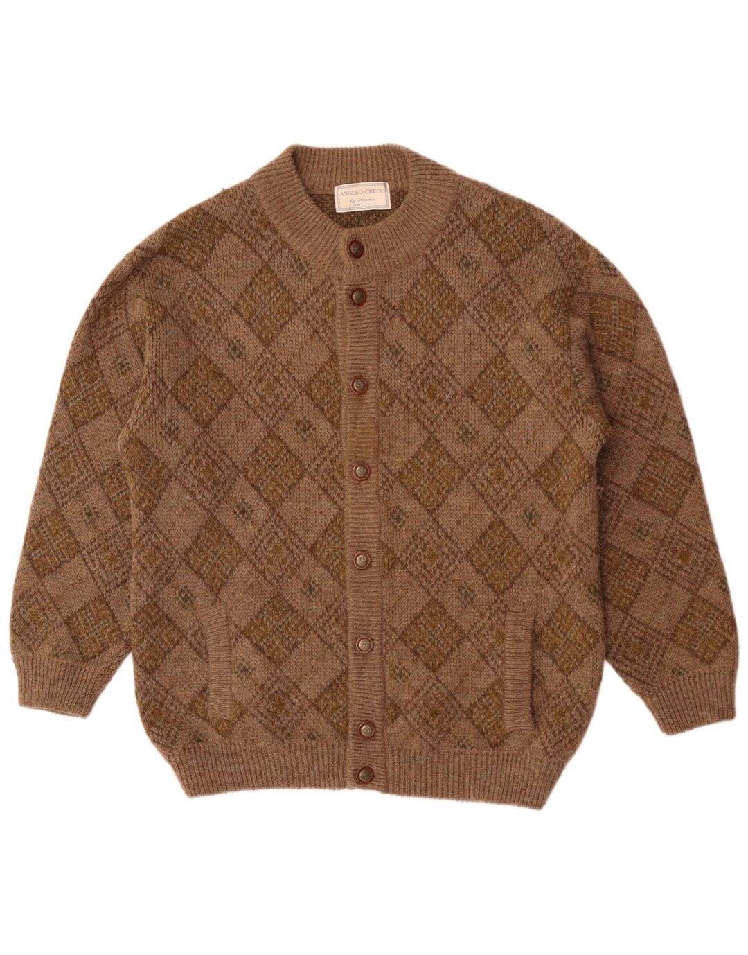 Angelo Greco Herre By Simona Cardigan Sweater Large Brown Argyle/Diamond