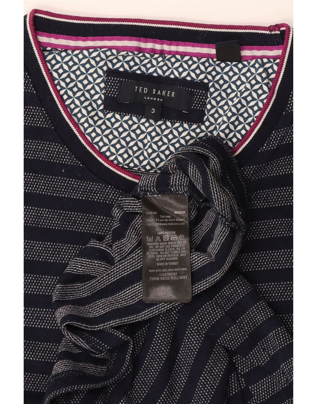 Ted Baker Herre T-shirt Top Størrelse 3 Mellem marineblå stribet bomuld