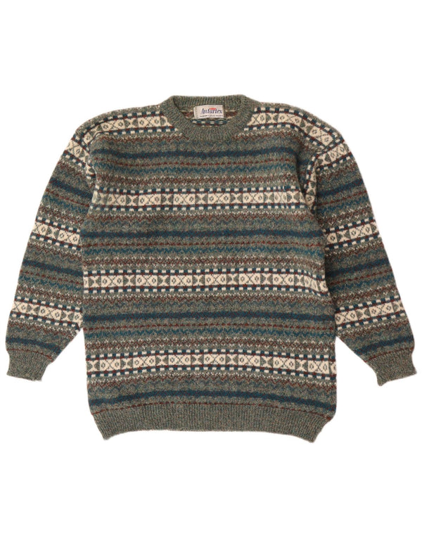 Antartex Mens Crew Neck Jumper Sweater XL Green Fair Isle Wool