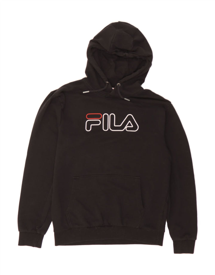FILA Mens Graphic Hoodie Jumper Small Black Cotton Vintage Fila and Second-Hand Fila from Messina Hembry 