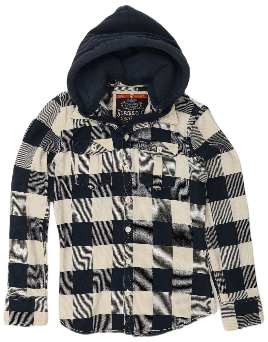 SUPERDRY Flanellskjorte med hætte til drenge 15-16 år Large Navy Blue Chevron