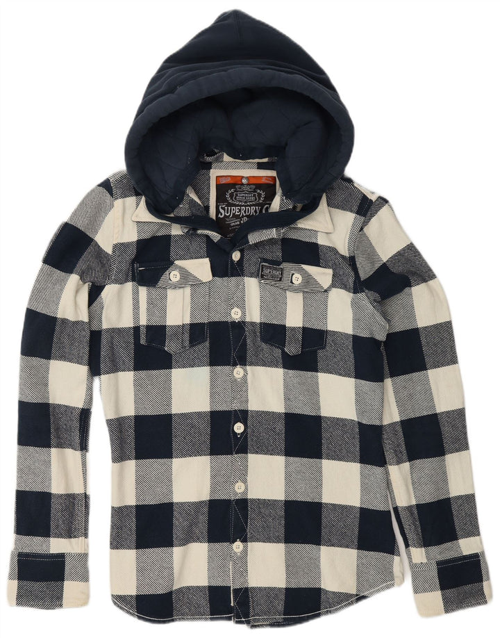 SUPERDRY Flanellskjorte med hætte til drenge 15-16 år Large Navy Blue Chevron