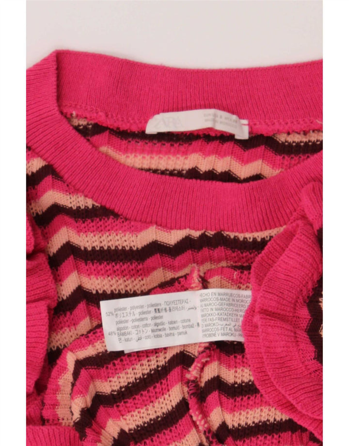 Zara Dame T-Shirt Top UK 8 Small Pink Stribet Polyester