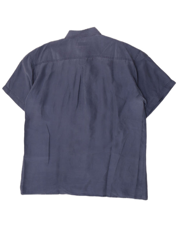 Vintage kortærmet skjorte til mænd Large Blue Silk Classic