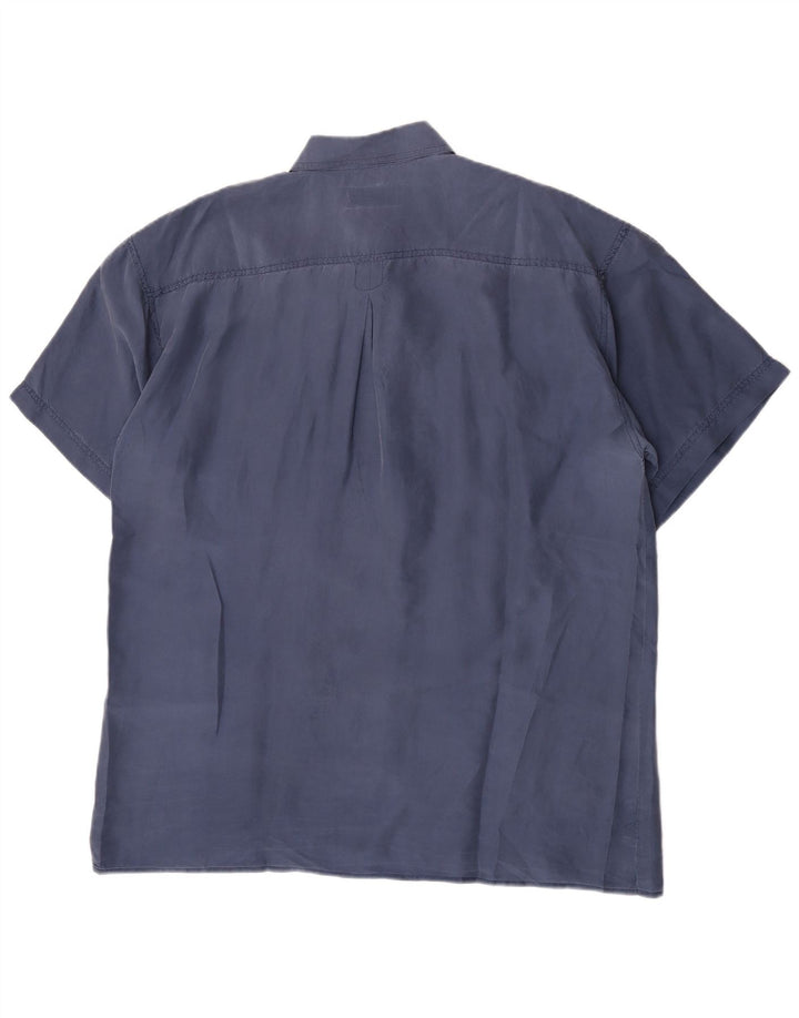 Vintage kortærmet skjorte til mænd Large Blue Silk Classic