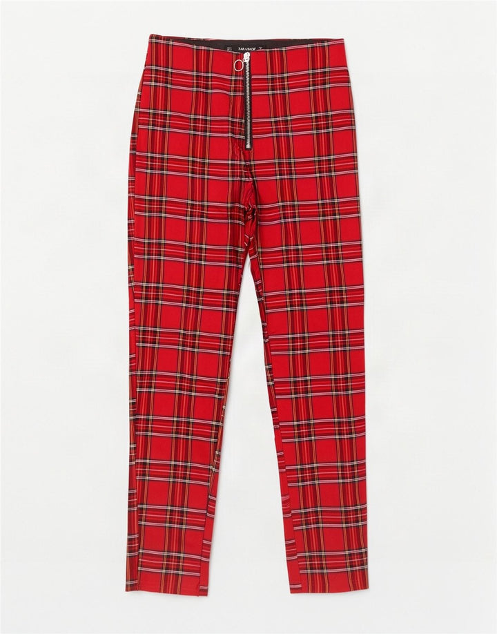 Zara Dame Skinny Cropped Trousers Medium W28 L26 Red Check